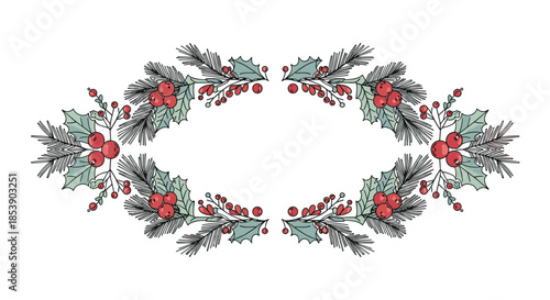 Festive frame composed of holly berries, evergreen pine needles, and mistletoe leaves for winter holiday greetings.