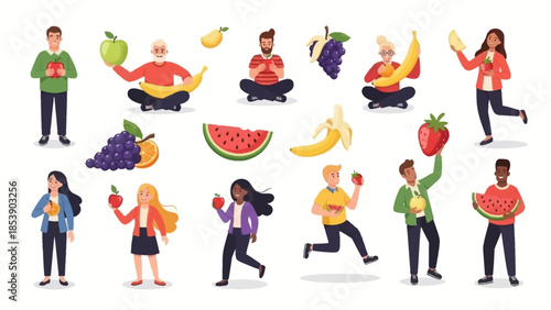 A diverse group of people enjoying various fruits in a colorful illustration
