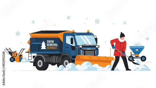 A snow removal service truck and worker clearing snow from a winter road