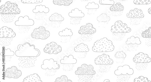 Whimsical seamless pattern featuring diverse hand-drawn clouds with stylized rain drops and textured patterns on white background.