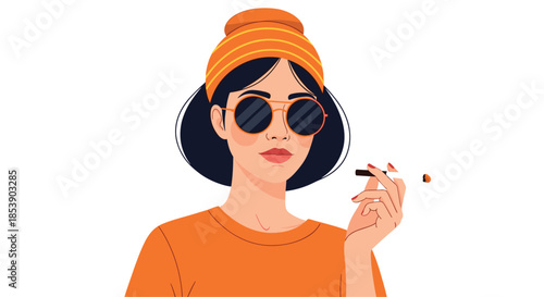 Stylish young woman wearing orange beanie and round sunglasses holding a cigarette in a minimalist vector illustration style.