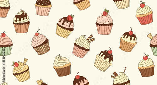 Sweet seamless pattern of assorted cupcakes with various frostings and fruit toppings in a charming hand-drawn illustration style.