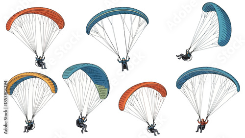 A group of people paragliding through the air with colorful parachutes