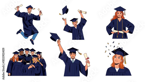 A group of happy graduates celebrating their achievement in blue robes