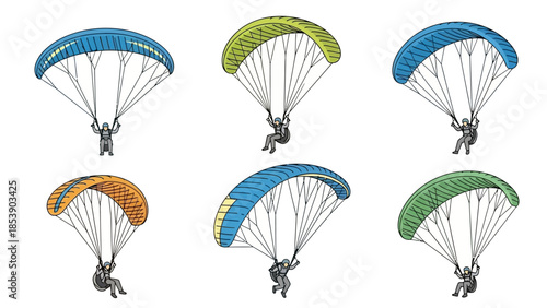 A group of people paragliding in the air with colorful parachutes