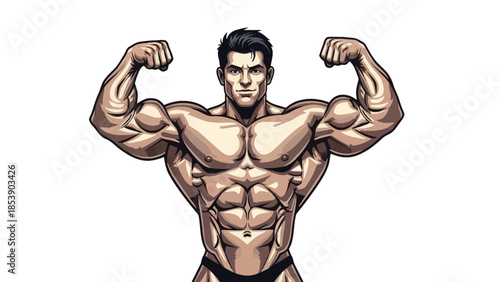 A muscular cartoon man flexing his arms and showing off his physique