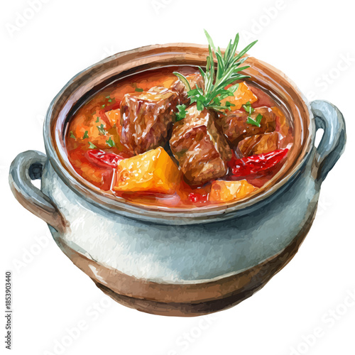A watercolor painting of Beef Stew, vector illustration on white background.