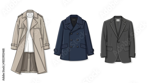 Three coats and jackets in different colors on a white background
