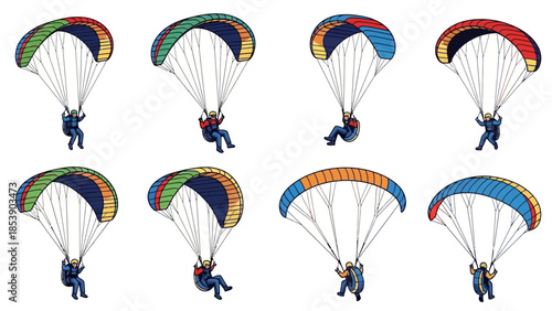 A group of colorful parachutes flying through the clear sky