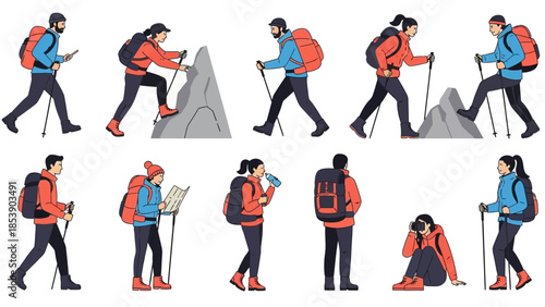 A group of people hiking and trekking in the mountains with backpacks