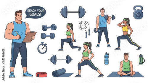 Fitness enthusiasts working out with dumbbells and exercise equipment