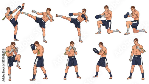 Dynamic Muay Thai fighter in various fighting poses and techniques