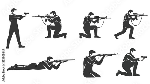 Soldier in various combat positions aiming firearms