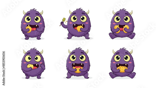 Cute purple monster characters eating pizza in various fun poses