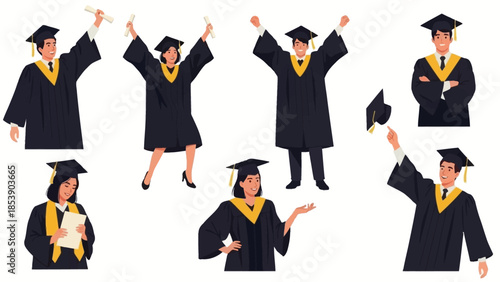 Happy graduates celebrating with diplomas in modern academic attire