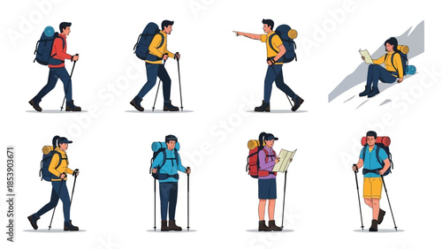 Hikers in various poses with backpacks and trekking poles walking