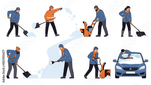 People shoveling snow in winter with various techniques and tools