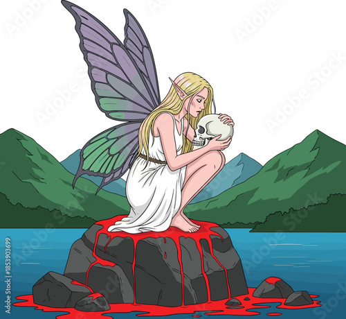 Vector Illustration of a Mournful Fairy with Large Wings Holding a Human Skull on a Blood-Stained Rock