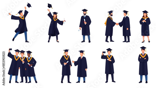 Graduates celebrating with diplomas and caps in various joyful poses