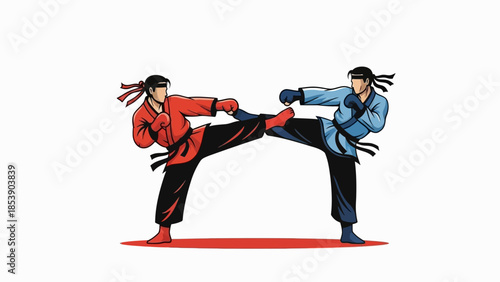 Martial artists engaging in dynamic kickboxing sparring match