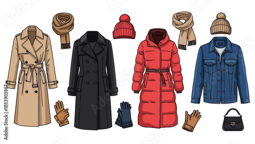 Winter clothing collection with coats, hats, gloves, and scarves