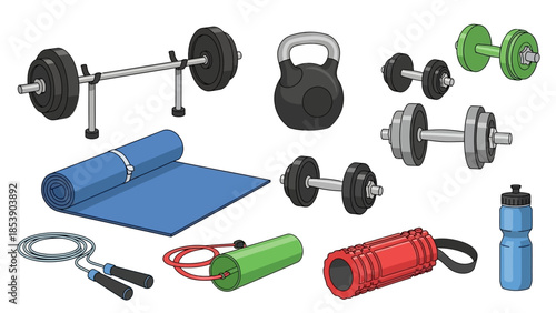 Variety of colorful fitness equipment for home workouts and gym routines