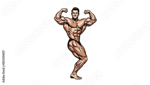 Muscular man posing in double bicep flexed stance confidently