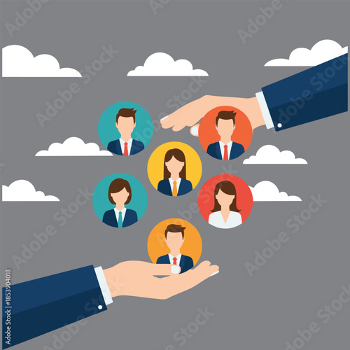 Vector Illustration of Large Hands Selecting a Female Candidate from a Group of Diverse Business Professional Profile Icons