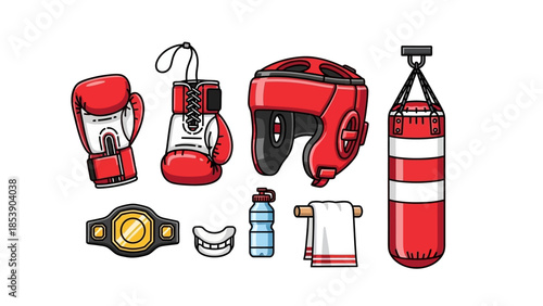 Boxing equipment set with gloves, helmet, punching bag, and accessories