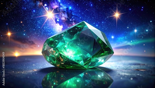 Emerald Gemstone at Sunset Under a Starry Sky