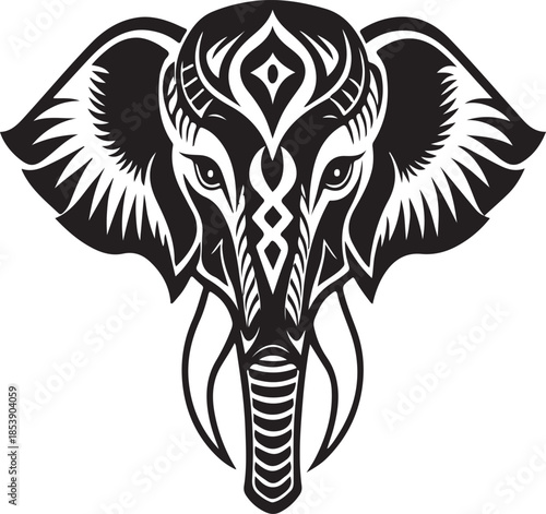 Abstract tree silhouette in black and white stylized vector art featuring tribal nature patterns and wild bird wing design for a symbolic tattoo illustration