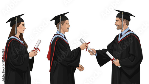 Graduates in caps and gowns exchanging diplomas happily