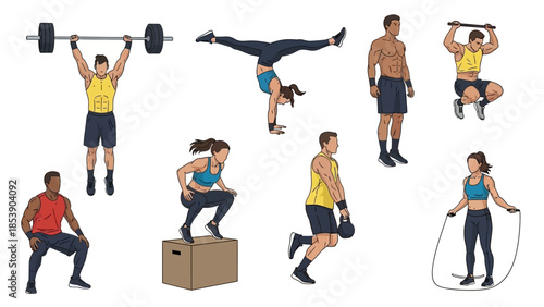 Fit individuals exercising with various fitness equipment and moves