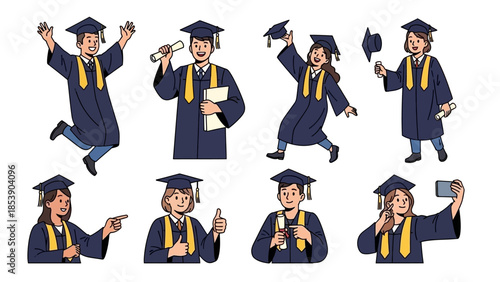 Happy graduates celebrating with diplomas in modern academic regalia