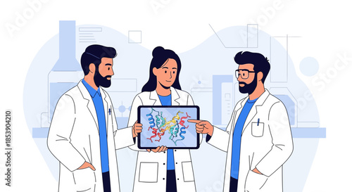 Researchers collaborating on molecular modeling displayed on a digital tablet in laboratory