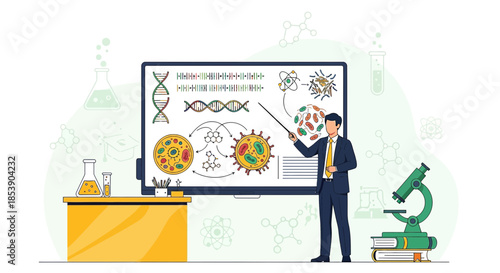 Scientific presentation depicting dna structures, cells and molecules in classroom illustration