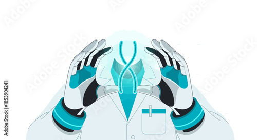 Robot scientist analyzing dna structure, future technologies in genetic research artificial