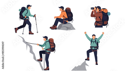 Hikers climbing mountain with backpacks and trekking poles in various poses
