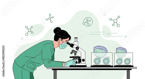 Scientific researcher analyzing samples with a microscope in laboratory research environment