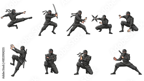 Set of ninja characters in various dynamic poses and actions