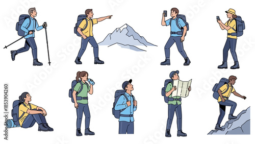 Hikers in various poses with backpacks and gear for adventure travel