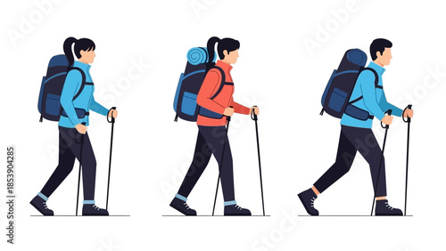Active hikers walking with trekking poles and backpacks
