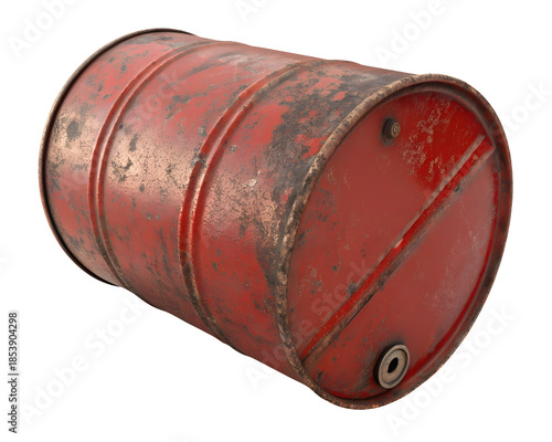 Weathered Industrial rusty metal Oil Drum with Heavy Rust Texture, Isolated on White or Transparent Background, Industrial Waste Container