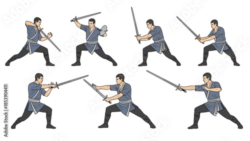 Warrior executing various sword fighting techniques with intensity