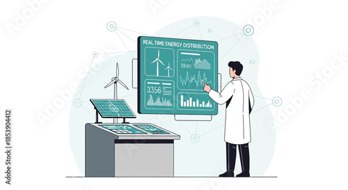 Scientist analyzing real-time energy distribution data from renewable sources meticulously