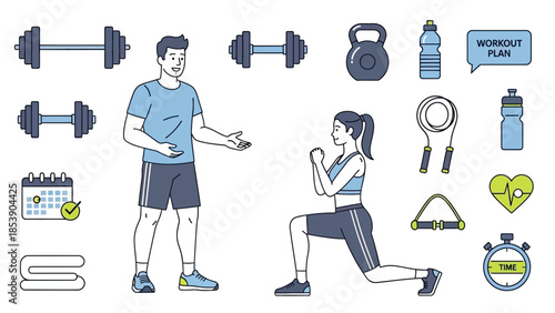 Fitness enthusiasts with workout gear and planning tools for healthy lifestyle