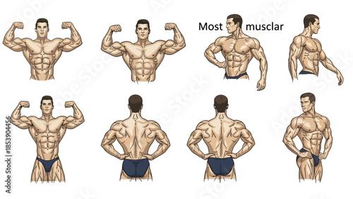 Muscular man in various bodybuilding poses showcasing physique