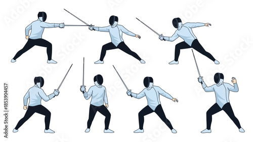 Fencers in various dynamic fencing positions with swords