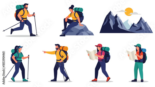 Hikers exploring mountain peaks with backpacks and trekking poles