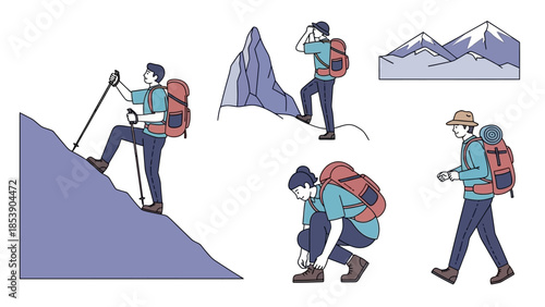 Hikers climbing mountain with backpacks and trekking poles in scenic landscape